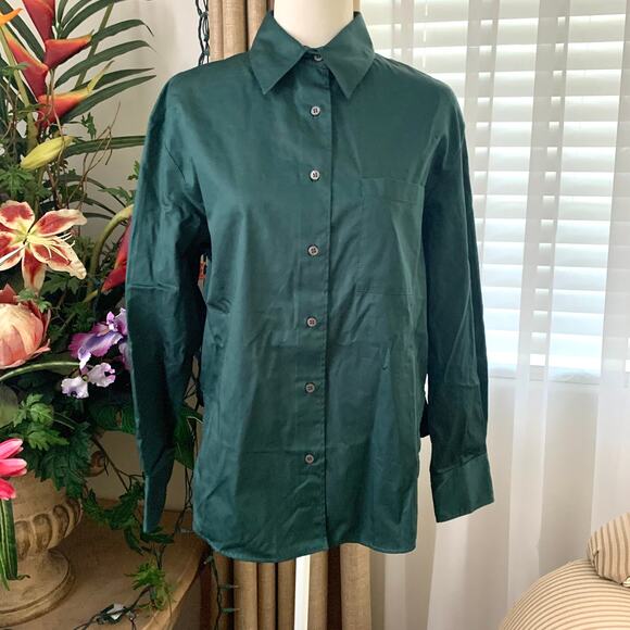 Zara Asymmetric Poplin Button Up Long Sleeve Shirt in Duck Green - Picture 4 of 10